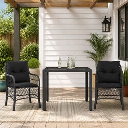 3 Piece Black Poly Rattan Outdoor Bistro Set with Cushions
