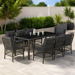 9 Piece Grey Poly Rattan Outdoor Dining Set with Cushions