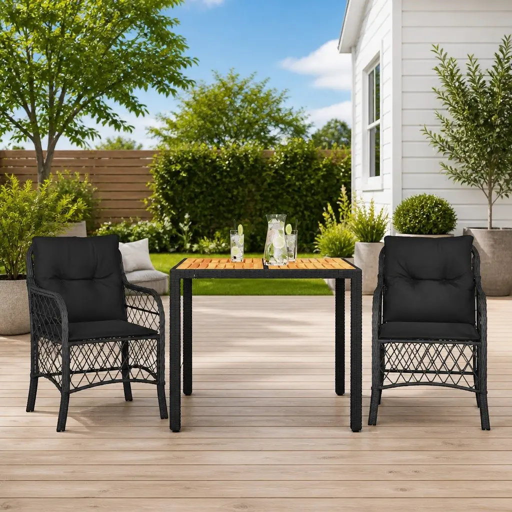 Black Poly Rattan Bistro Set with Cushions