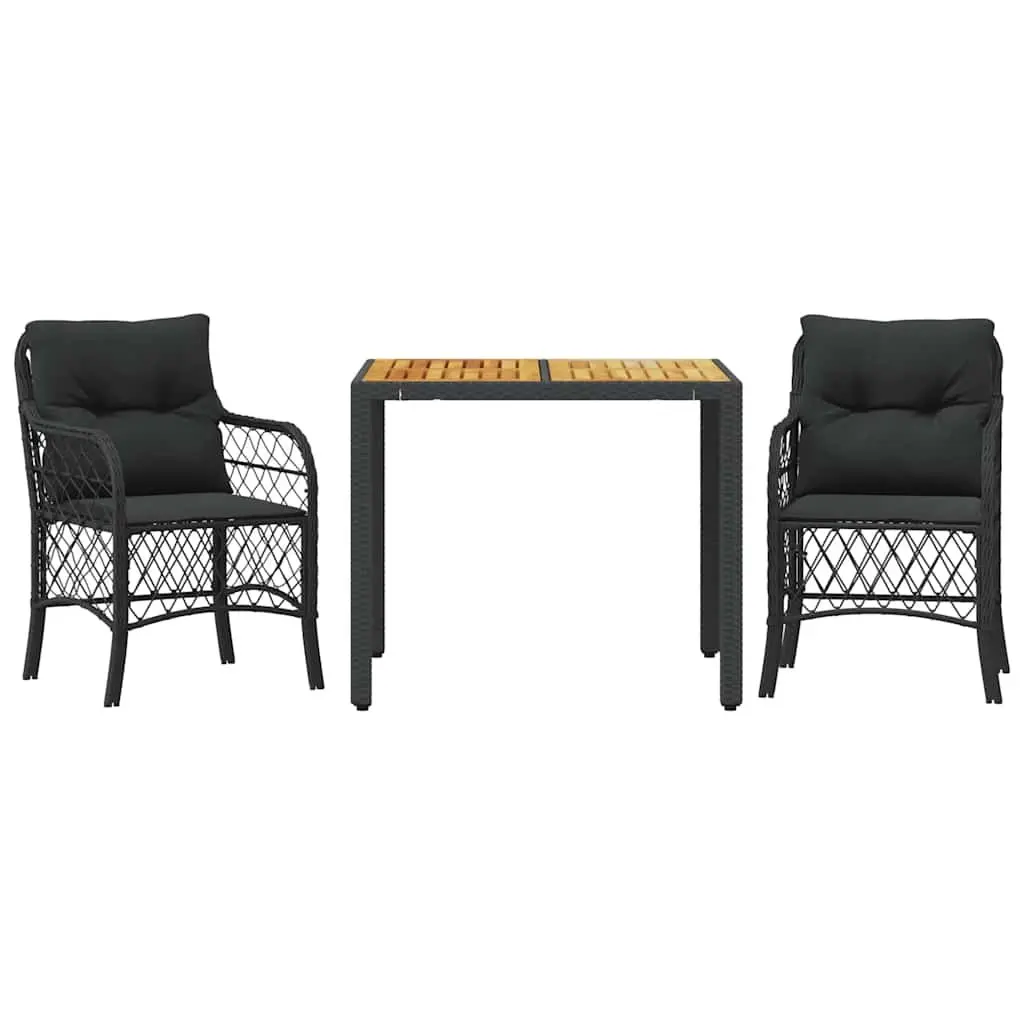 Black Poly Rattan Bistro Set with Cushions