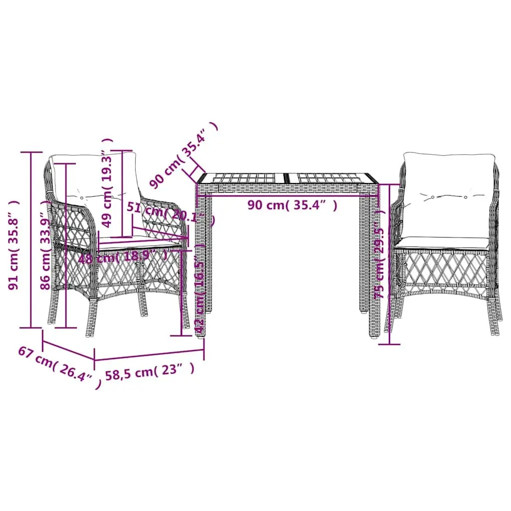 Black Poly Rattan Bistro Set with Cushions