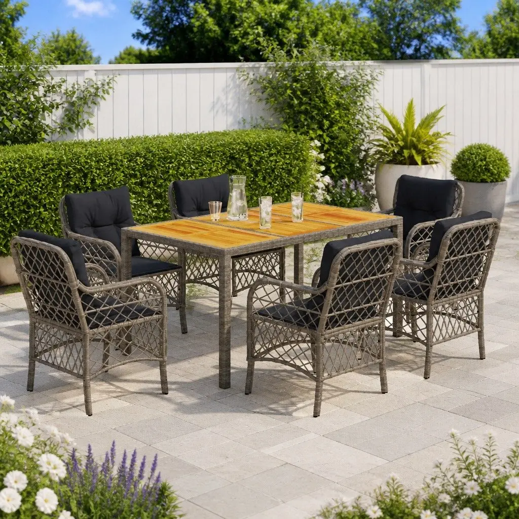 7 Piece Outdoor Dining Set PE Rattan Acacia Wood Grey Garden Furniture with Cushions