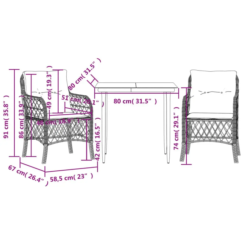 Outdoor Bistro Set PE Rattan 3 Piece Black with Cushions