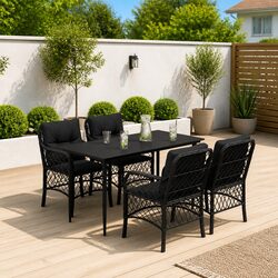 5-Piece Black Poly Rattan Outdoor Dining Set with Cushions