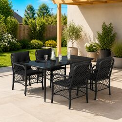5 Piece Black Poly Rattan Outdoor Dining Set with Cushions