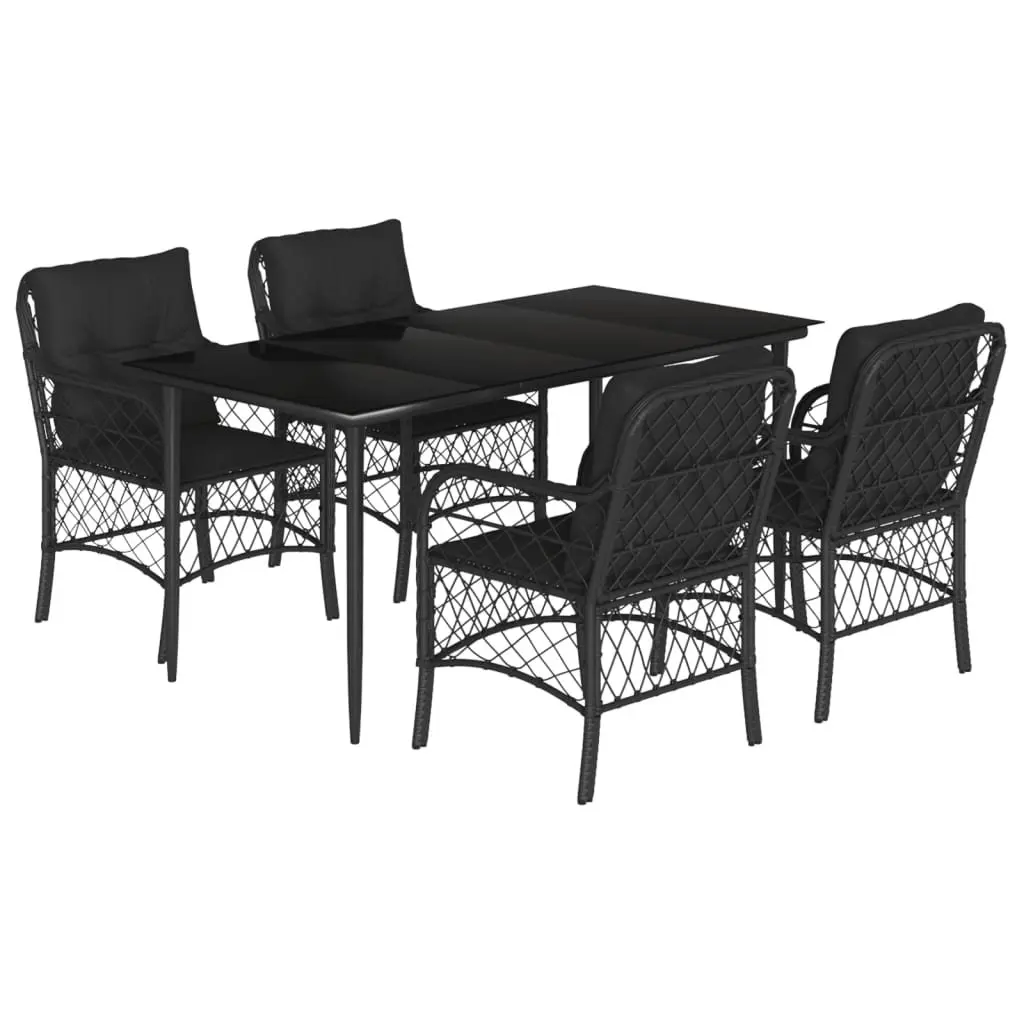 5 Piece Black Poly Rattan Outdoor Dining Set with Cushions
