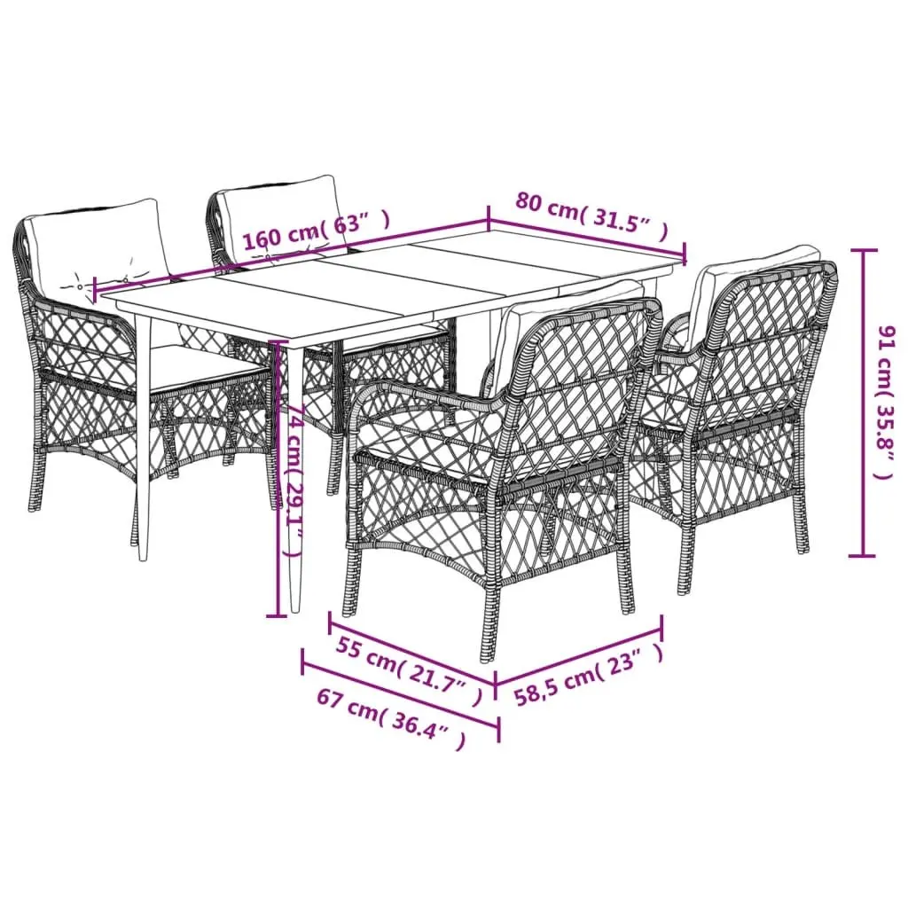 5 Piece Black Poly Rattan Outdoor Dining Set with Cushions