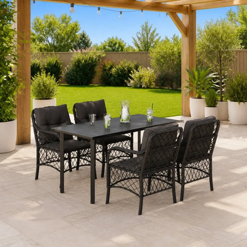 5 Piece Garden Dining Set PE Rattan Powder-coated Steel Tempered Glass Black