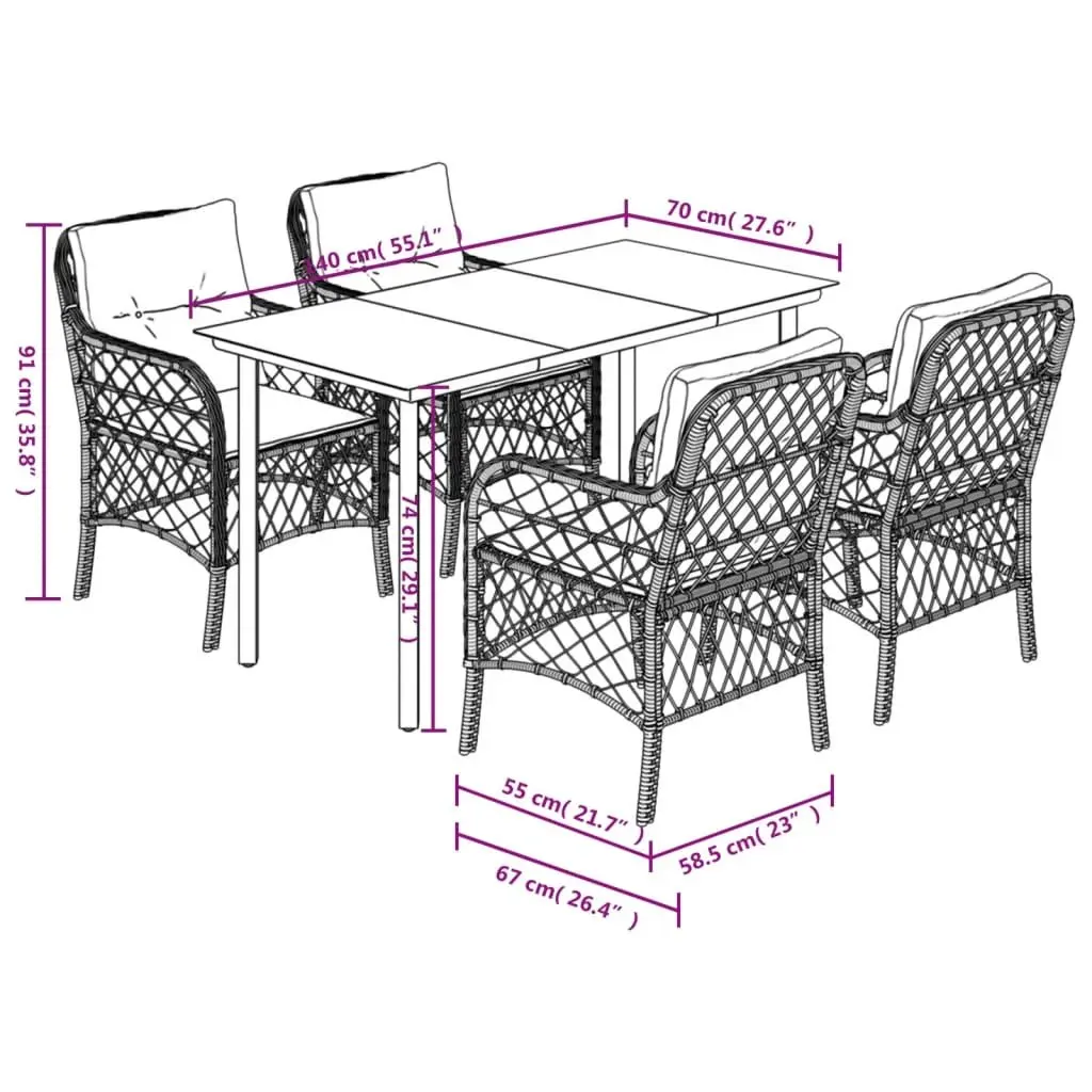 5 Piece Garden Dining Set PE Rattan Powder-coated Steel Tempered Glass Black