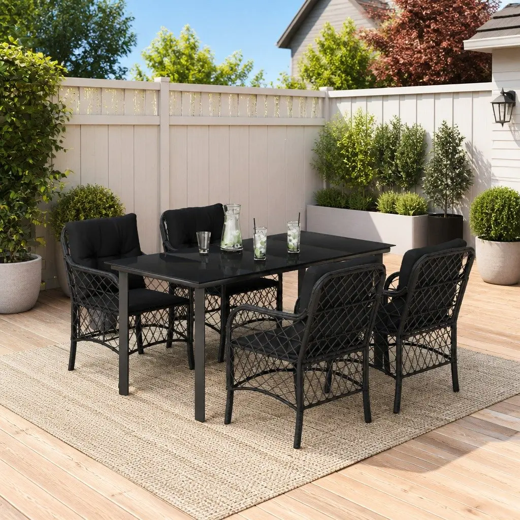 Black Poly Rattan Outdoor Dining Set with Cushions