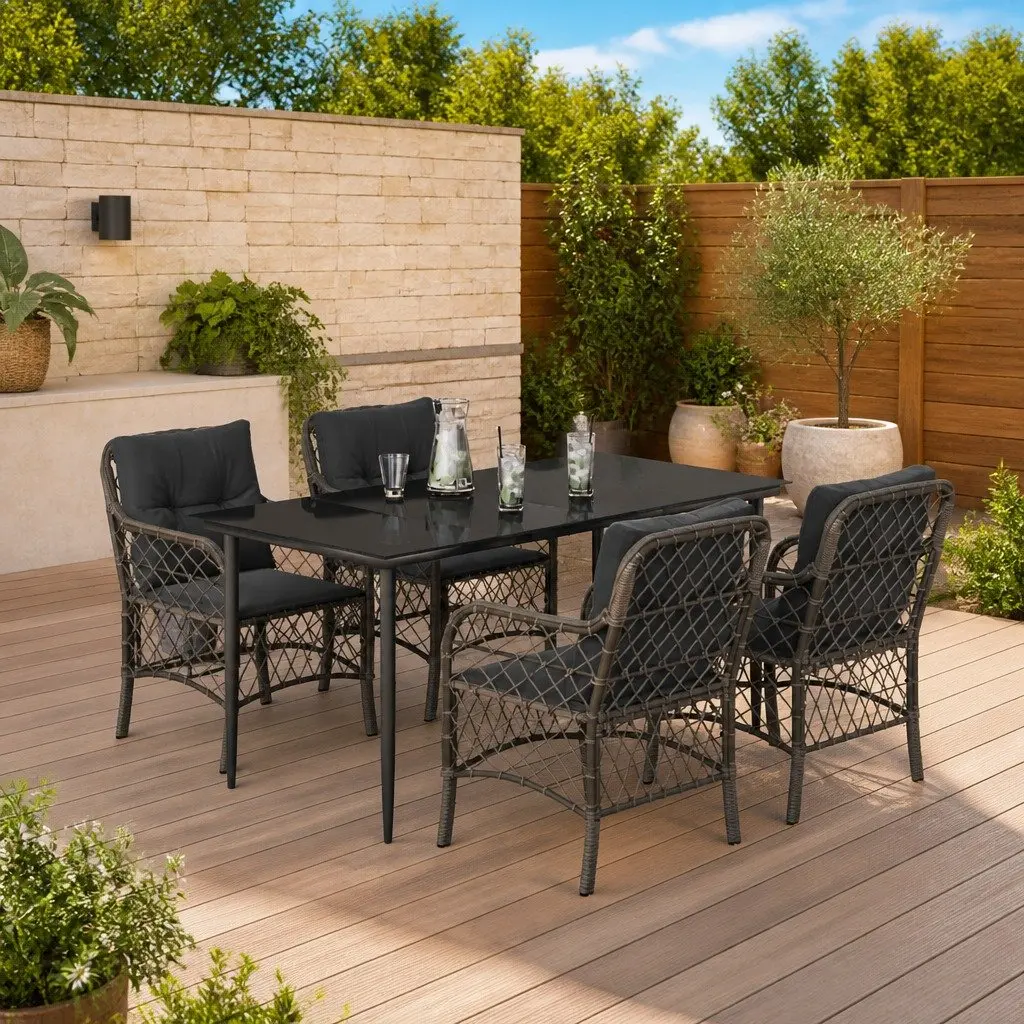 Garden Dining Set Grey Poly Rattan 5 Piece Outdoor Furniture with Cushions