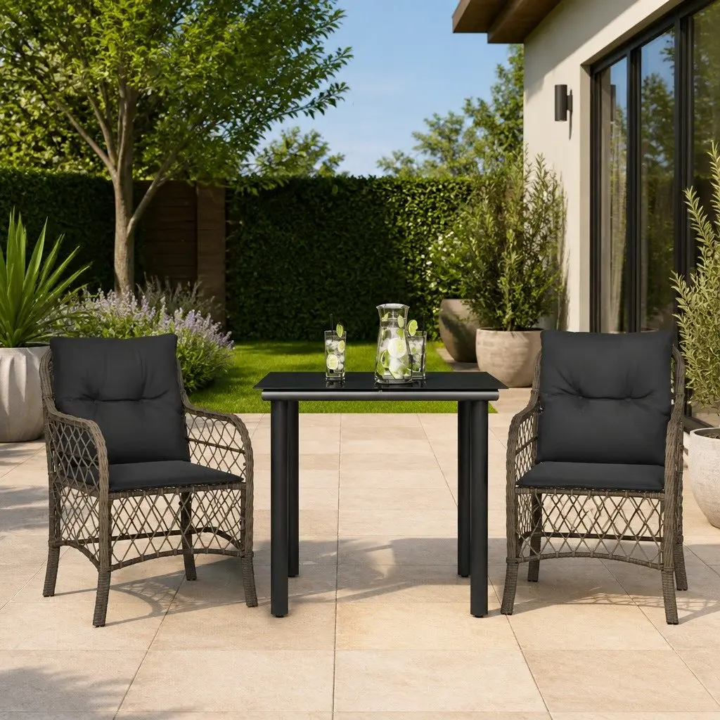 Outdoor Bistro Set Poly Rattan Grey 3 Piece Garden Furniture with Cushions