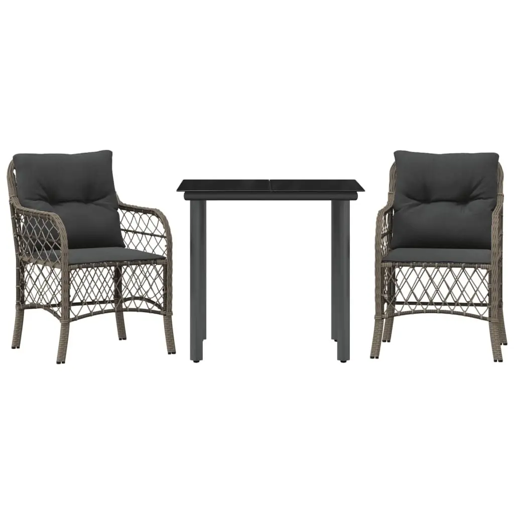 Outdoor Bistro Set Poly Rattan Grey 3 Piece Garden Furniture with Cushions
