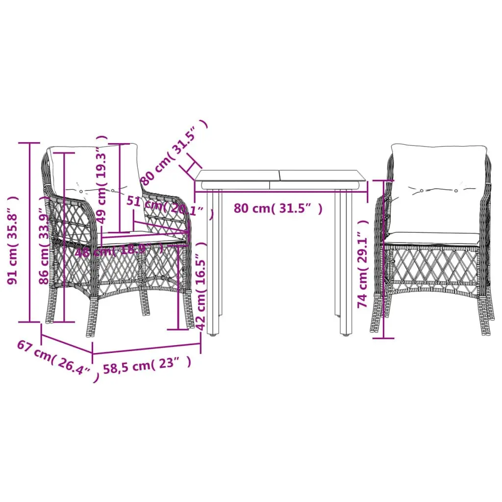 Outdoor Bistro Set Poly Rattan Grey 3 Piece Garden Furniture with Cushions
