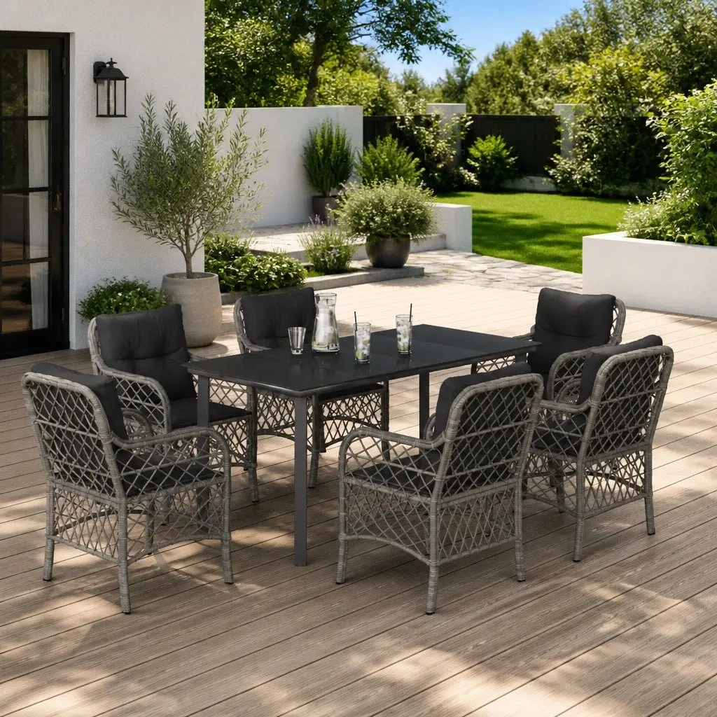 7 Piece Garden Dining Set PE Rattan Grey Powder Coated Steel with Cushions Tempered Glass Top