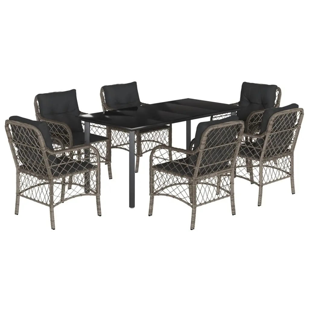 7 Piece Garden Dining Set PE Rattan Grey Powder Coated Steel with Cushions Tempered Glass Top