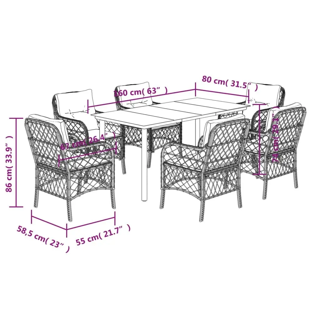 7 Piece Garden Dining Set PE Rattan Grey Powder Coated Steel with Cushions Tempered Glass Top