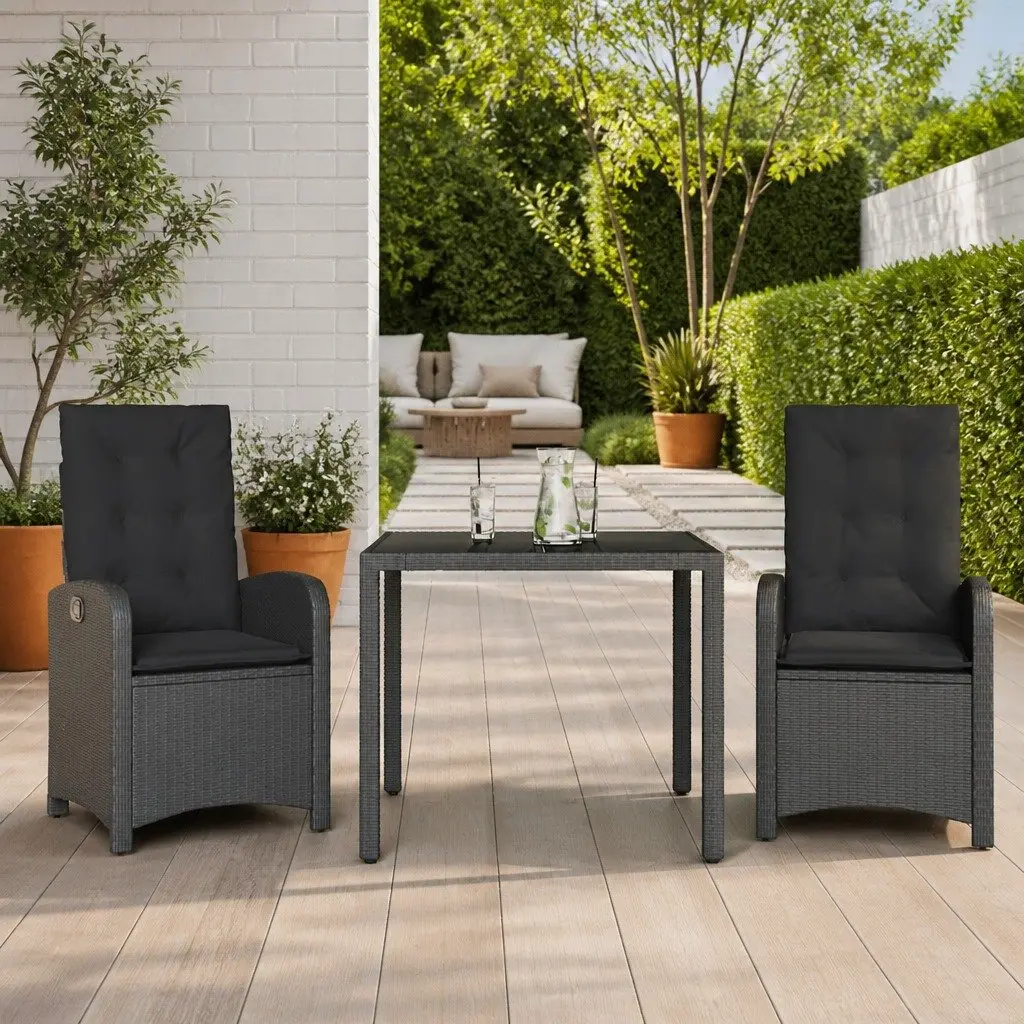 3 Piece Garden Dining Set PE Rattan Black Outdoor Furniture