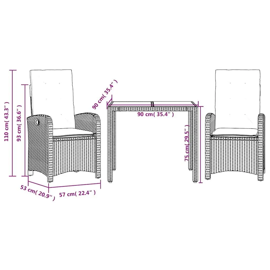3 Piece Garden Dining Set PE Rattan Black Outdoor Furniture
