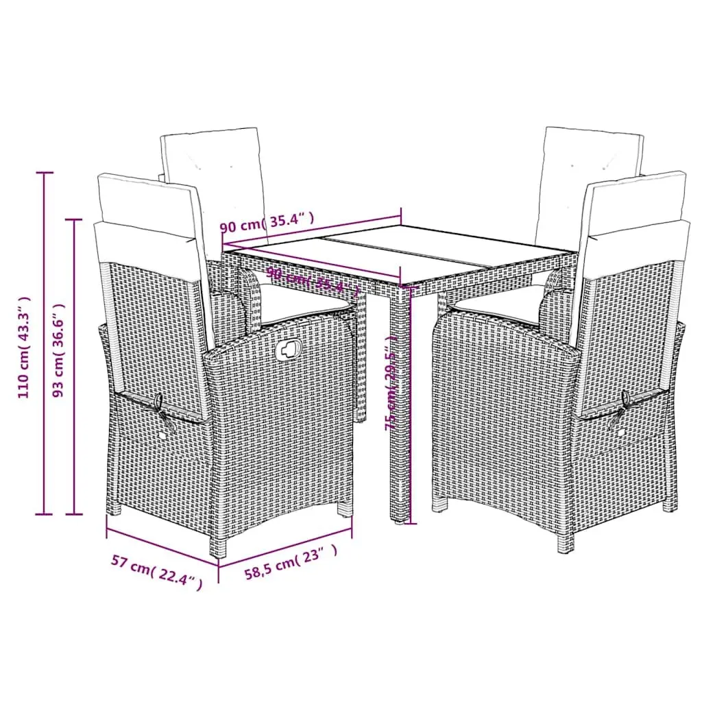 5 Piece Outdoor Dining Set PE Rattan Black with Cushions Tempered Glass Table