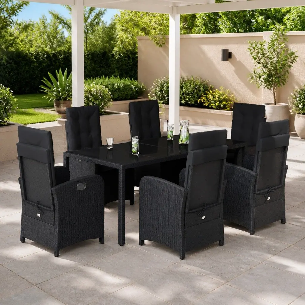 7 Piece Garden Dining Set PE Rattan Black with Cushions