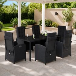 Durable 7 Piece Garden Dining Set with Cushions - Black