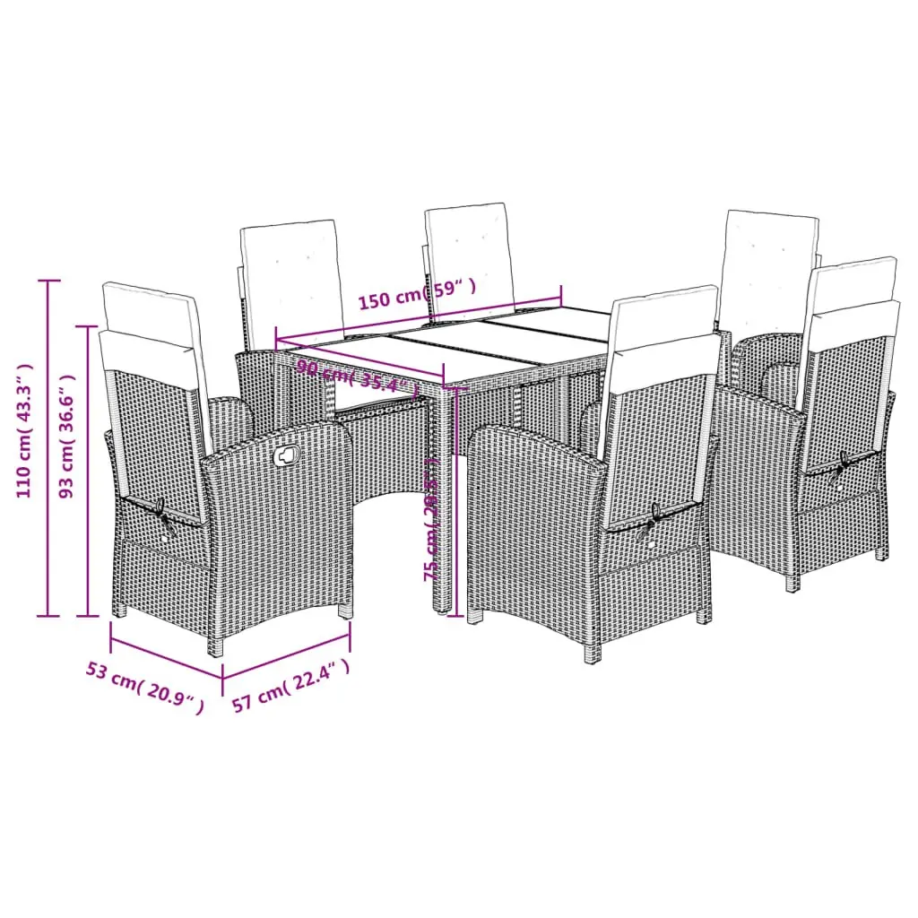 7 Piece Outdoor Dining Set PE Rattan Grey Patio Table Chairs