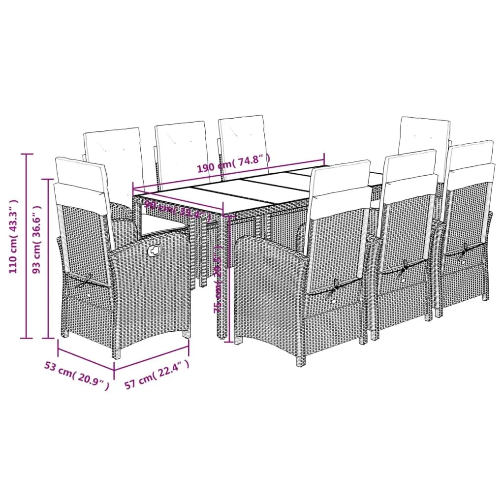 9 Piece Garden Dining Set Outdoor Patio Furniture with Cushions Grey