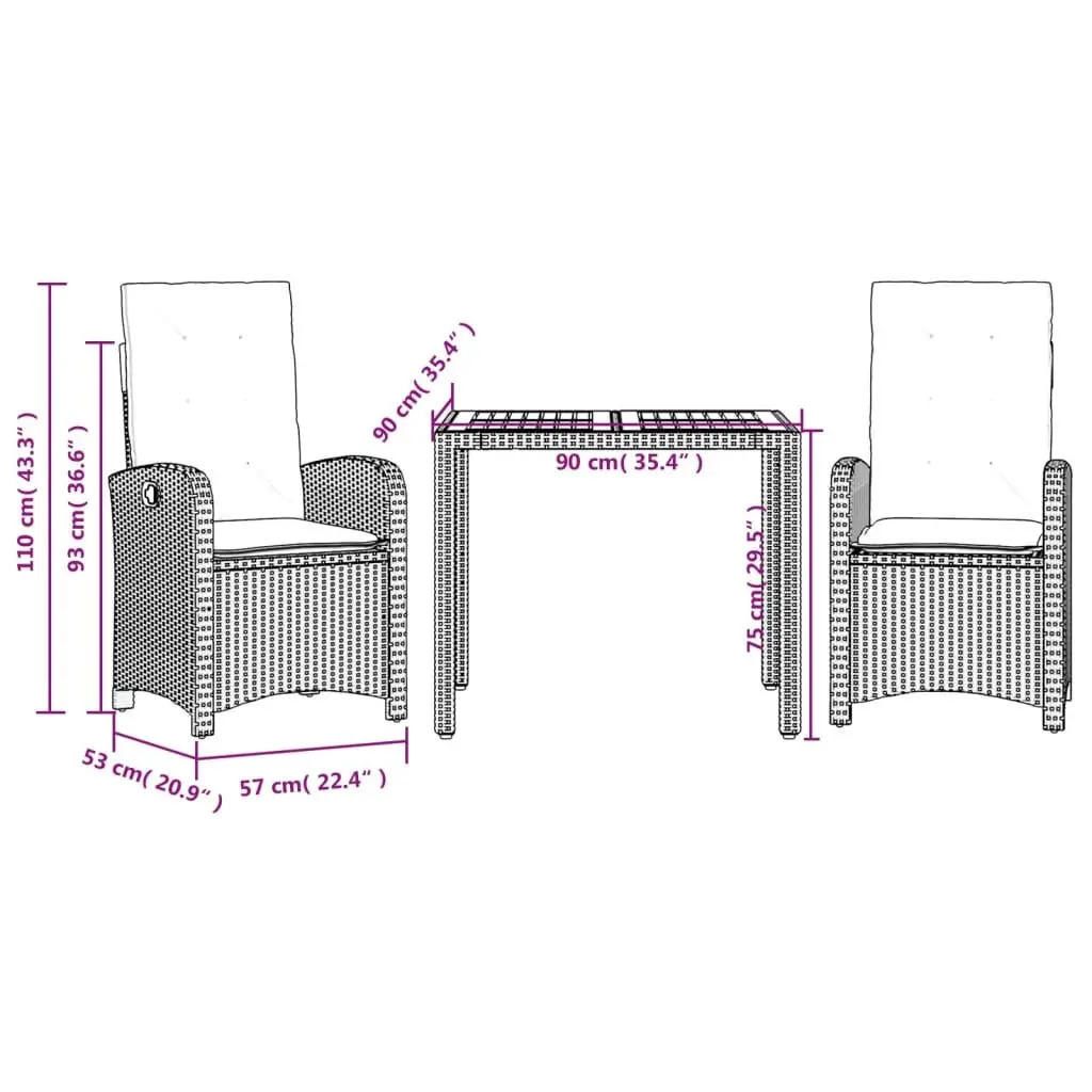 3 Piece Outdoor Dining Set in Black Rattan