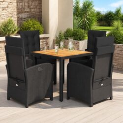5 Piece Black Poly Rattan Outdoor Dining Set with Cushions