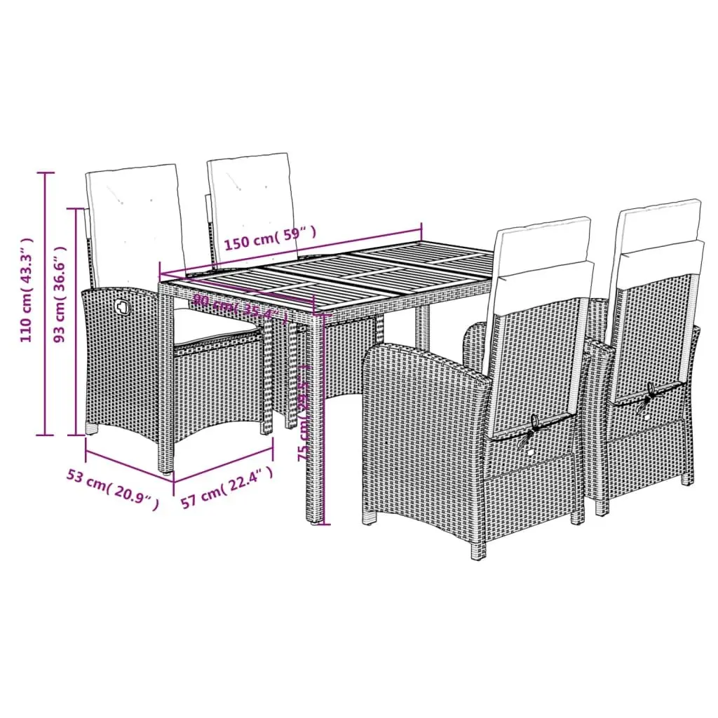 5 Piece Outdoor Dining Set PE Rattan Black Garden Patio Furniture