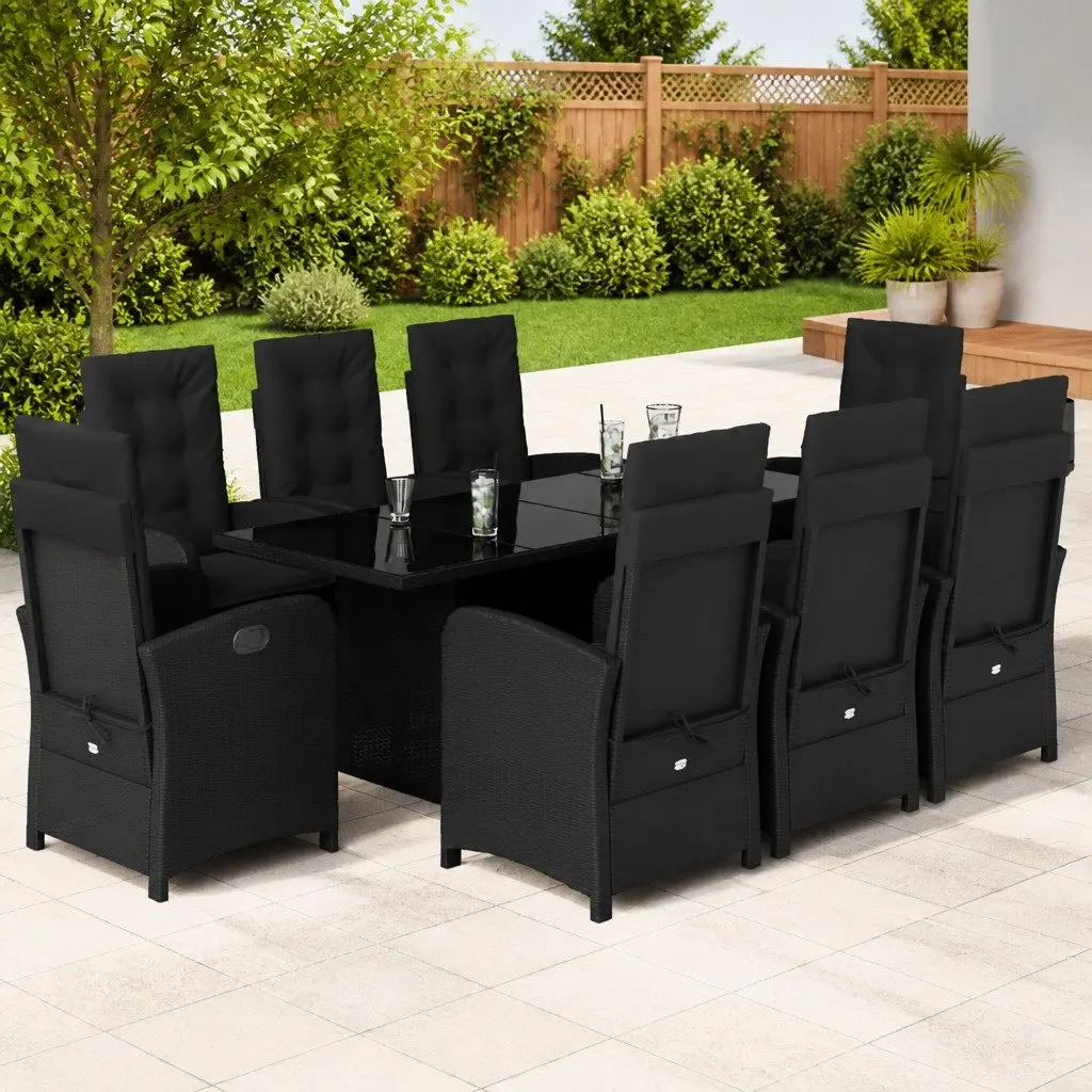9 Piece Outdoor Dining Set PE Rattan Black Garden Furniture Table Chairs