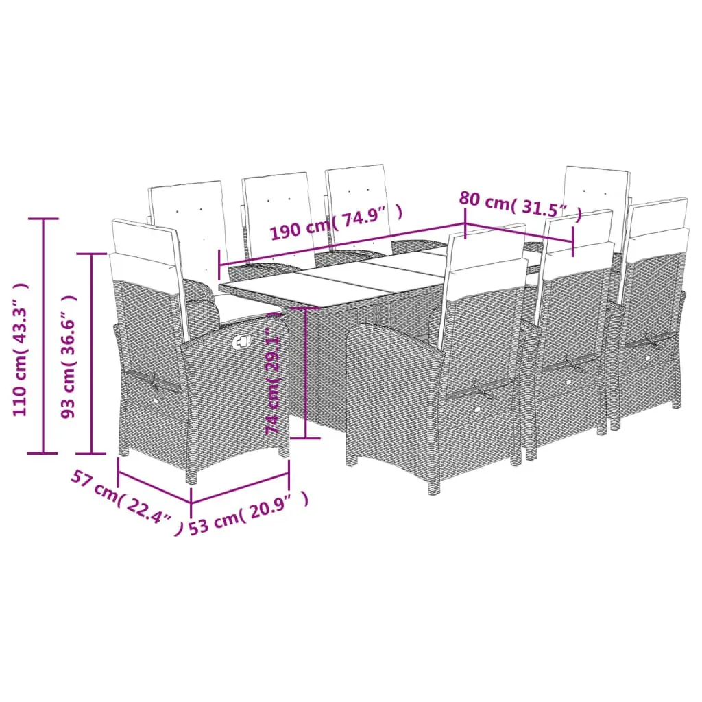 9 Piece Outdoor Dining Set PE Rattan Black Garden Furniture Table Chairs
