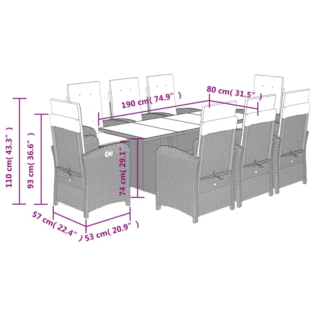 9 Piece Grey Poly Rattan Outdoor Dining Set