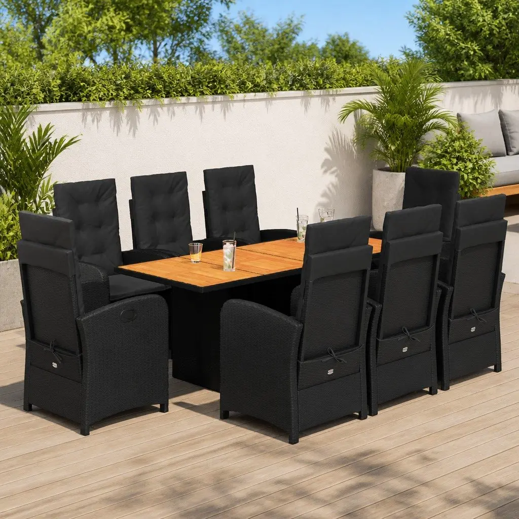 9 Piece Outdoor Garden Dining Set PE Rattan Black Acacia Wood Table with Cushions