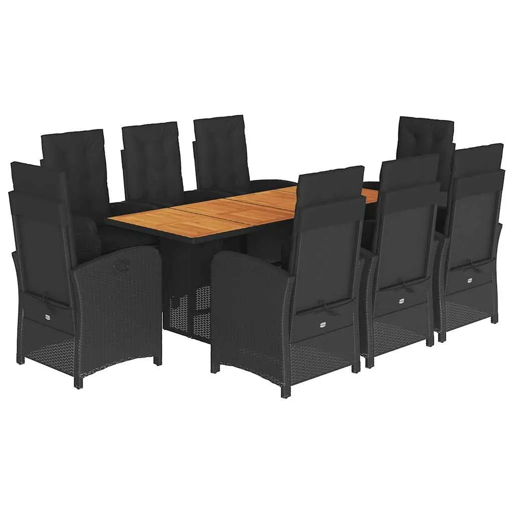 9 Piece Outdoor Garden Dining Set PE Rattan Black Acacia Wood Table with Cushions