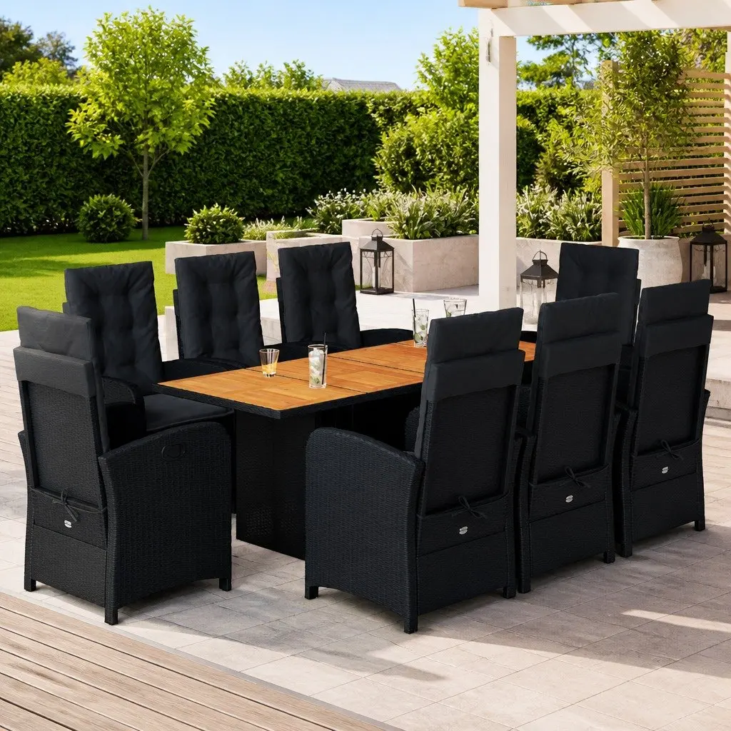9 Piece Outdoor Garden Dining Set Poly Rattan Black Acacia Wood Table Cushions