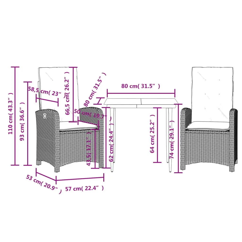 Outdoor Dining Set PE Rattan 3 Piece Black with Cushions Glass Table