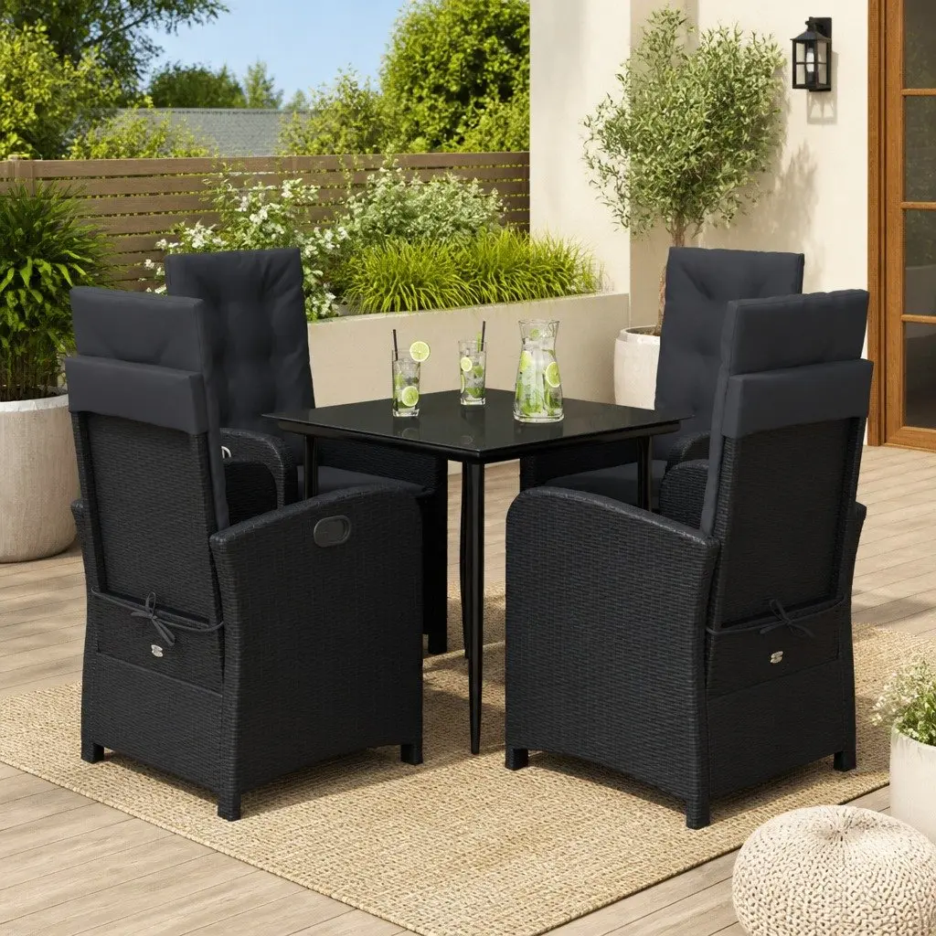 Outdoor Dining Set PE Rattan 5 Piece Black Chairs Table Cushions