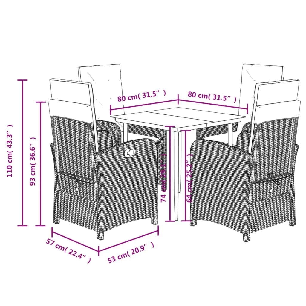 Outdoor Dining Set PE Rattan 5 Piece Black Chairs Table Cushions