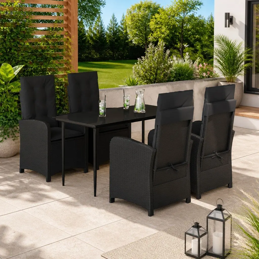 5 Piece Black Poly Rattan Garden Dining Set