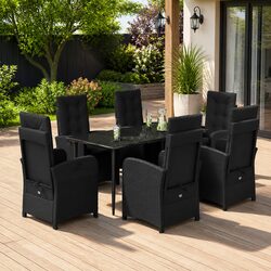7 Piece Black Poly Rattan Garden Dining Set with Cushions