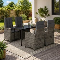 5-Piece Grey Poly Rattan Garden Dining Set with Cushions