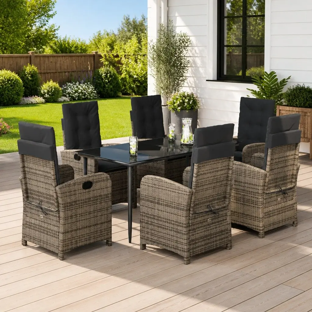 Garden Dining Set Grey PE Rattan 7 Piece Outdoor Furniture Table Chairs