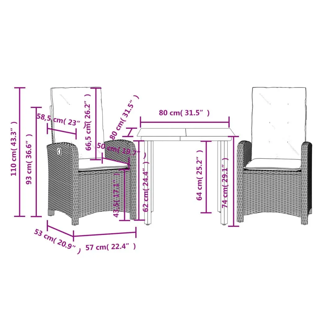 3 Piece Garden Dining Set in Grey Rattan