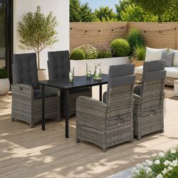 5 Piece Grey Poly Rattan Garden Dining Set with Cushions