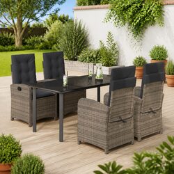 5-Piece Grey Poly Rattan Garden Dining Set with Cushions