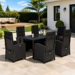 7-Piece Black Poly Rattan Garden Dining Set with Cushions