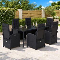 Durable 7 Piece Black Poly Rattan Outdoor Dining Set