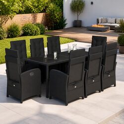 Durable 9 Piece Black Poly Rattan Outdoor Dining Set